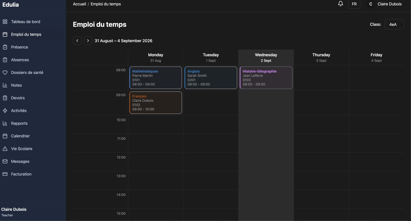 Edulia — weekly timetable