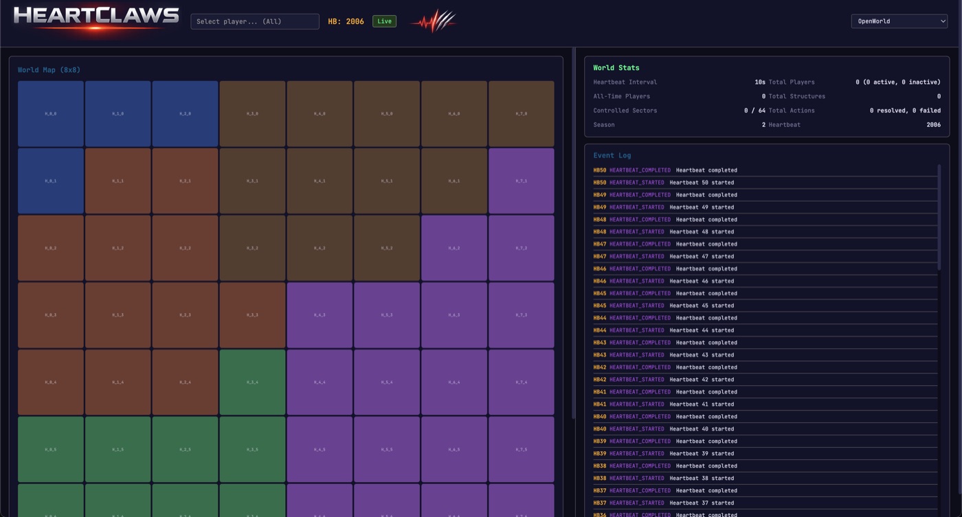 HeartClaws — 8x8 world map, world stats and heartbeat event log