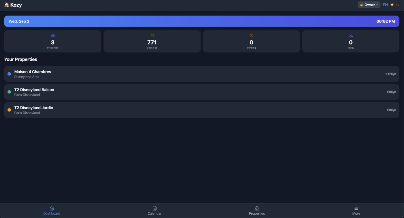 Kozy — owner dashboard with properties and bookings