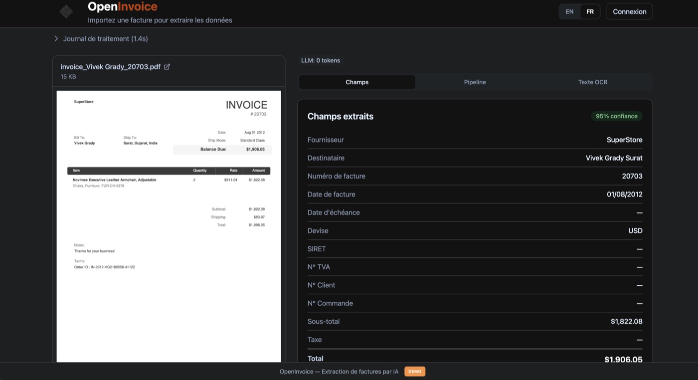 OpenInvoice — invoice on the left, extracted fields on the right